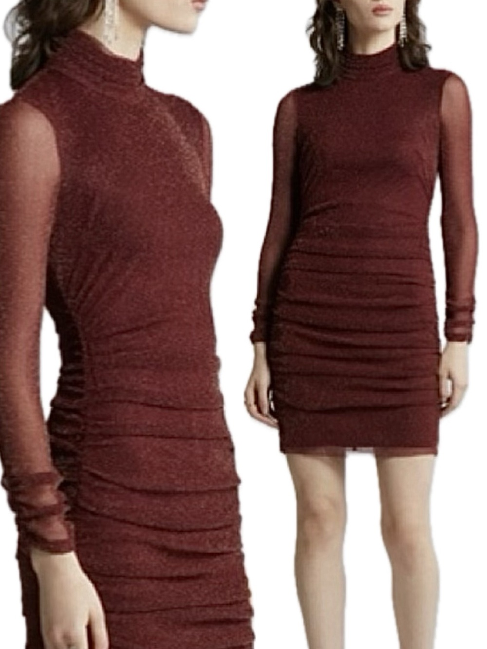 Eliza J Burgundy Metallic Gold Long Sleeve Mini Dress Size 4 Ruched Bodycon